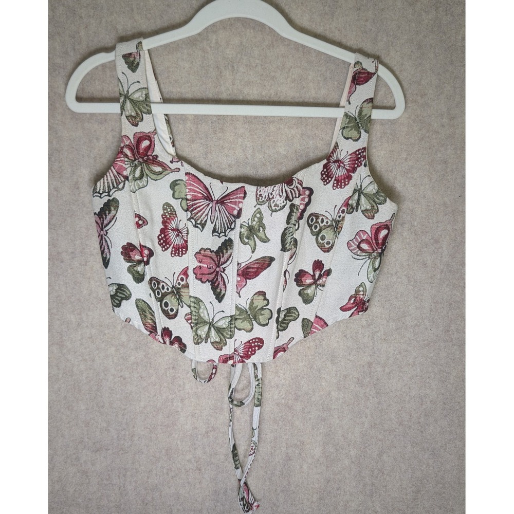 Tic Toc Enchanted Butterfly Tapestry Corset Top Cream Lace Up Back Size M